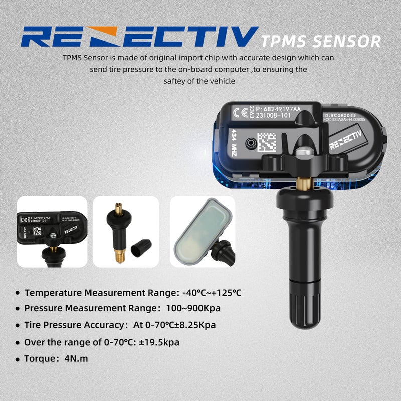 RENECTIV TPMS Sensor 4Pack, 433Mhz Tire Pressure Monitor Sensors Compatible with 2014-2022 RAM 1500 2500 3500 4500 5500 Jeep Chreokee Replace OE#68249197AA 68239720AA 68157568AA - Image 4